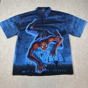 VTG Marvel Comics Spider-Man AOP Short Sleeve Button Up‎ Mens Size XL